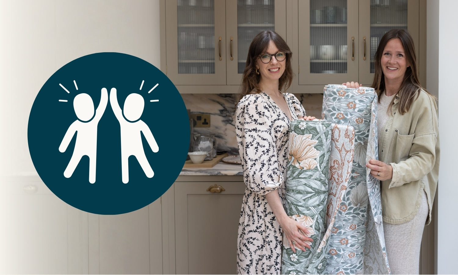 The Totter + Tumble team hold two floral William Morris playmats