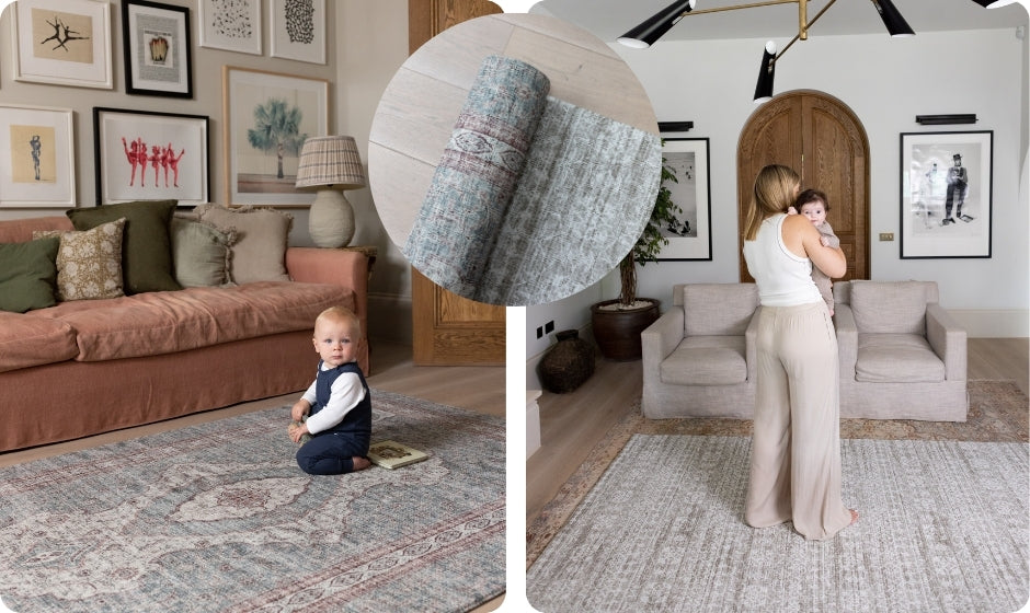 The reversible Ardingly and Petworth extra large playmat. Living room with a woman and child. A close-up of a rug textured playmat with baby playing on the floor