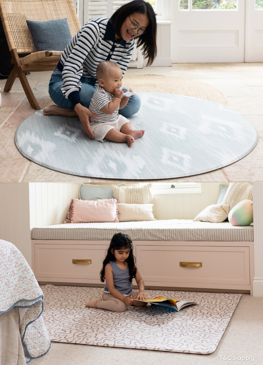 Mum and baby play on a round playmat in a family living space and a child reads on a soft pink playmat in her bedroom