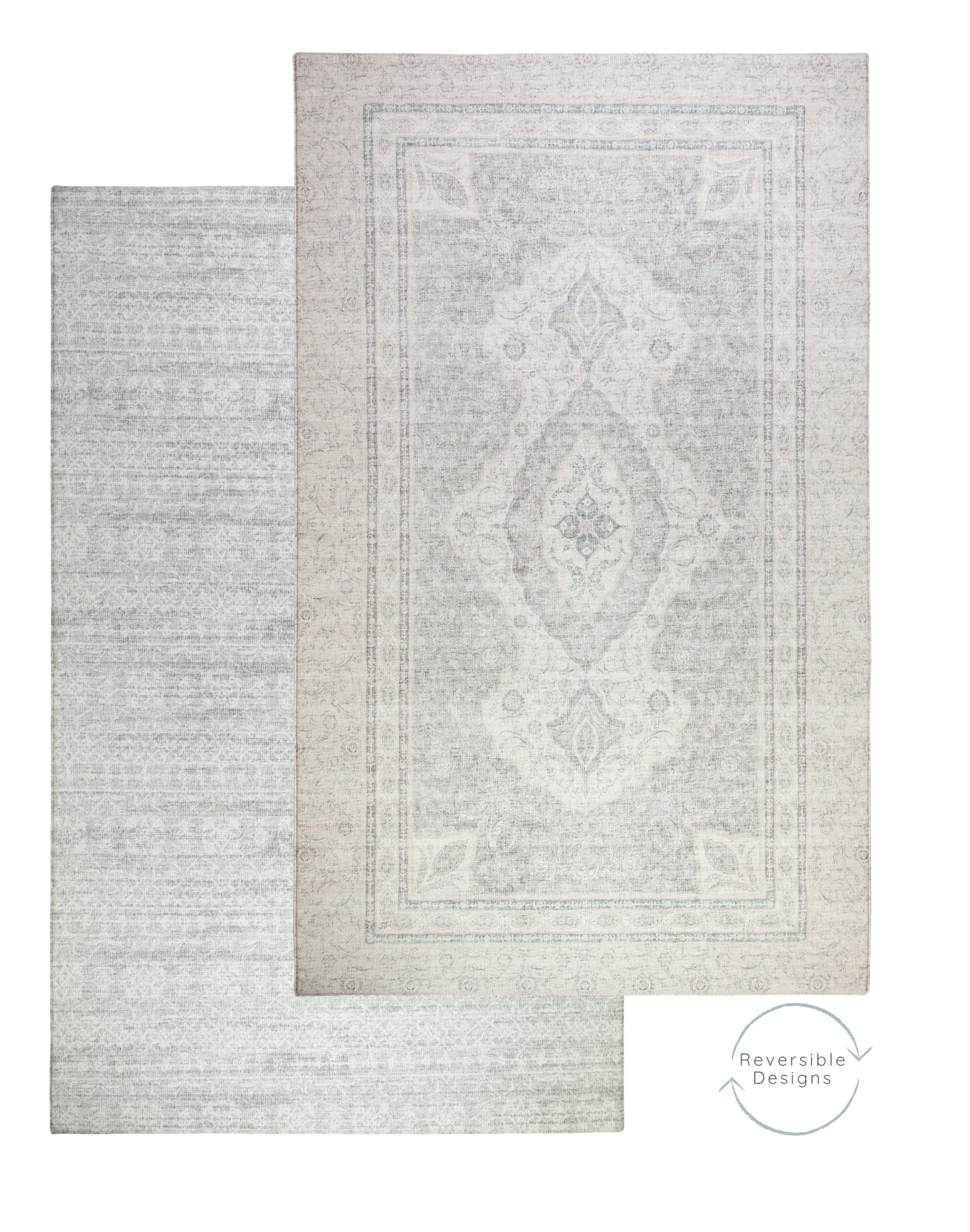 An extra large soft playmat with a stylish design on two sides. The front side shows a grey Persian rug style with an intricate border and the reverse is a Batik print pattern