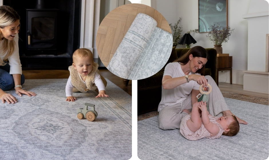 The Totter + Tumble extra large Persian Portobello playmat. Images of babies playing on the soft crawling mat