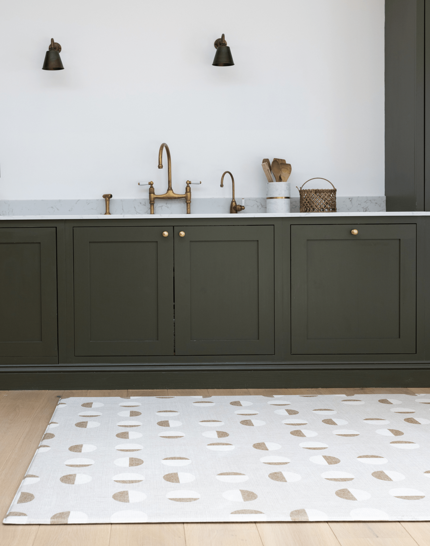 A beige kitchen floor mat that complements modern interior styling