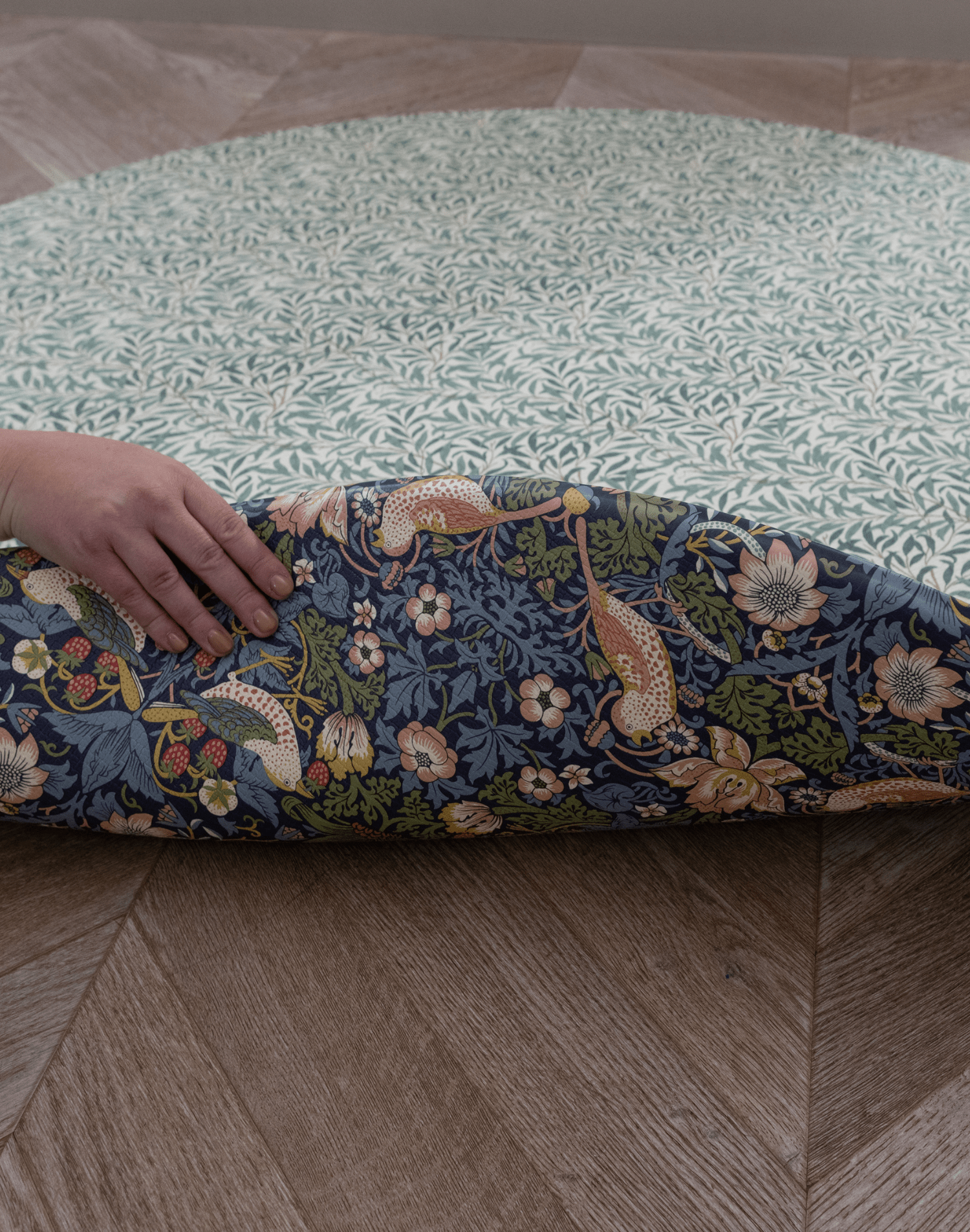 totter and tumble reversible play mats interior design morris & co prints willow bough is paired with strawberry thief on reversible padded playmat that can be used as a kitchen standing mat or anti fatigue mat for moms and babies
