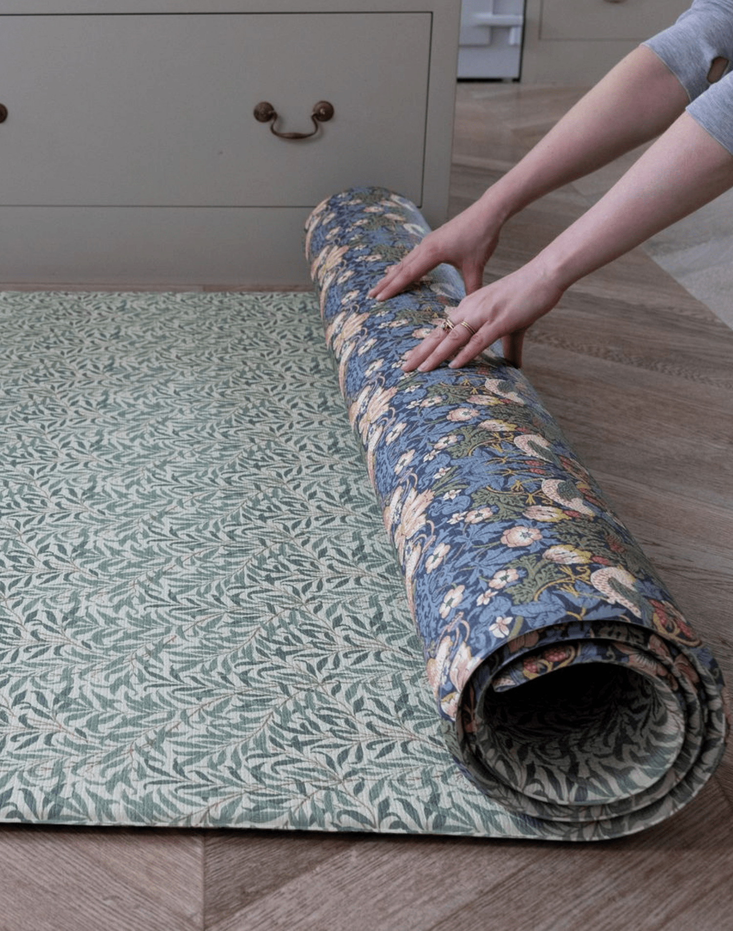 totter and tumble rolled one piece playmat in willow boughs and strawberry thief designs, non toxic playmats that look like play rugs