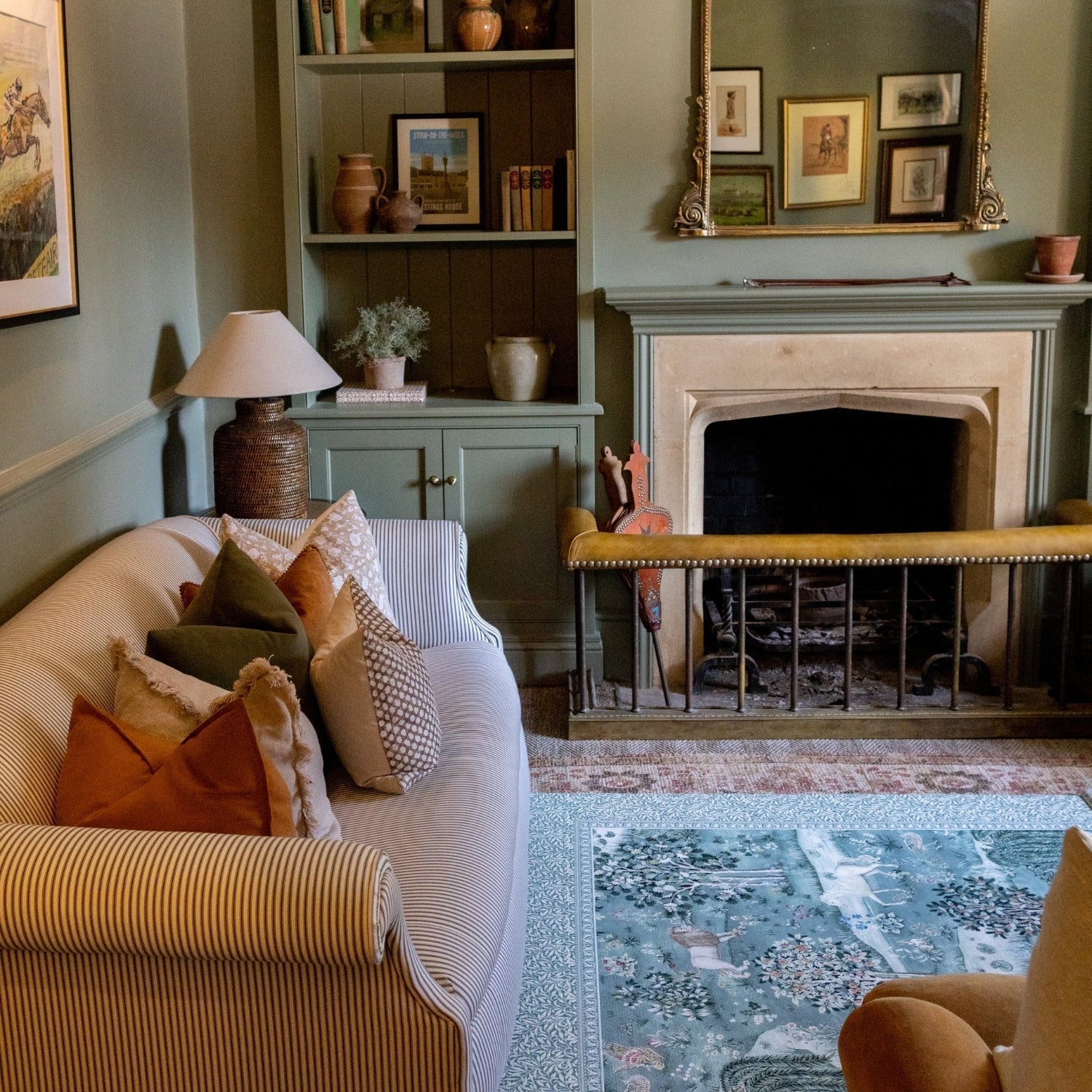 A modern family room with coordinated playmat and maximalist decor