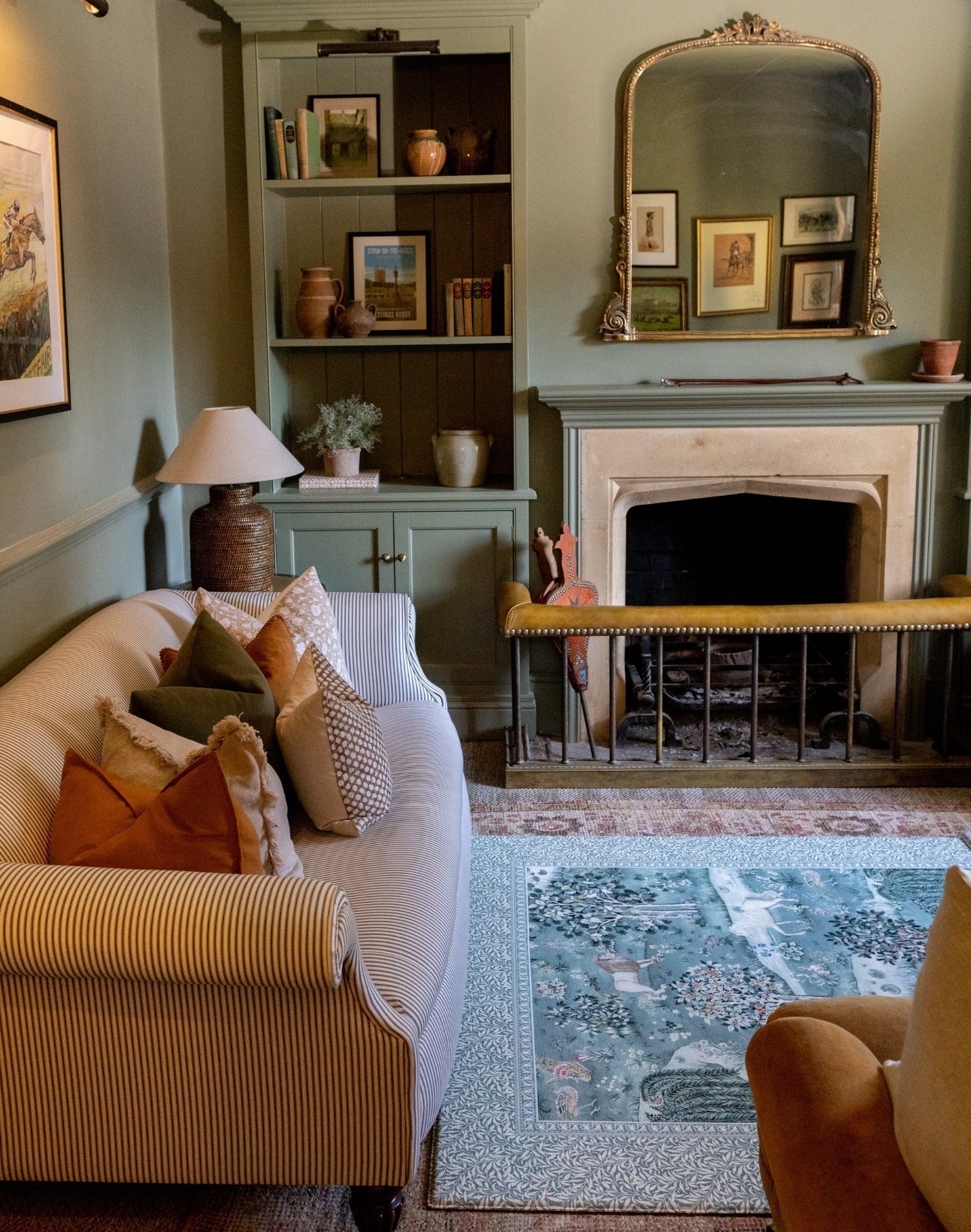 A modern family room with coordinated playmat and maximalist decor