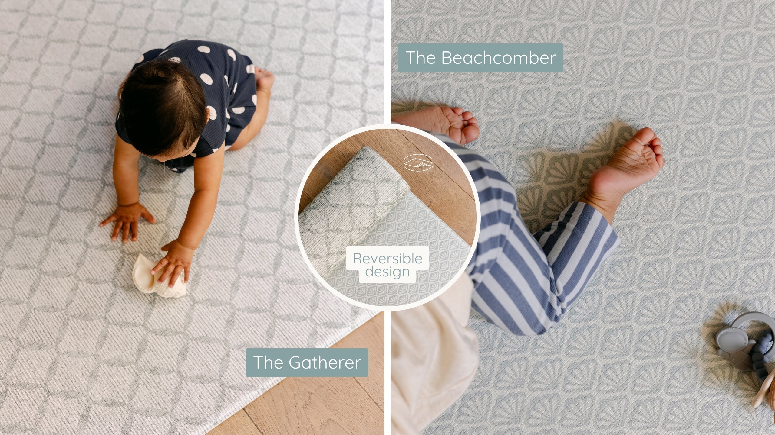 A split-screen comparison of two baby mats: 'The Gatherer' on the left, shown with a baby crawling on a light patterned mat, and 'The Beachcomber' on the right, shown with a baby's feet on a light patterned mat. 