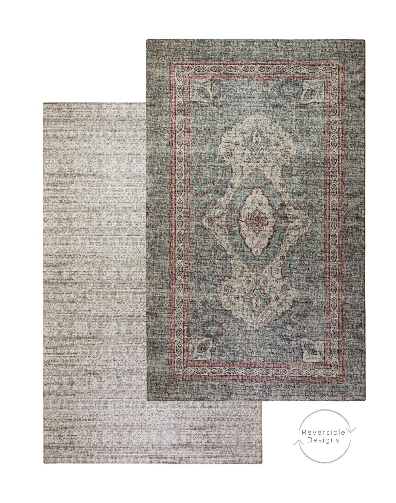Flatlay of Totter & Tumble patterned playmat in the style of a Persian rug, with the reversible design visible on the flip side