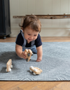 Baby crawls across a textile inspired floor mat  playing with a trio of wooden play cars perfect for baby floor play 