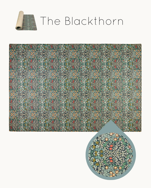 Timeless Morris & Co. Blackthorn print with jewel tones on an Oxford Blue background stylish playmat for family spaces