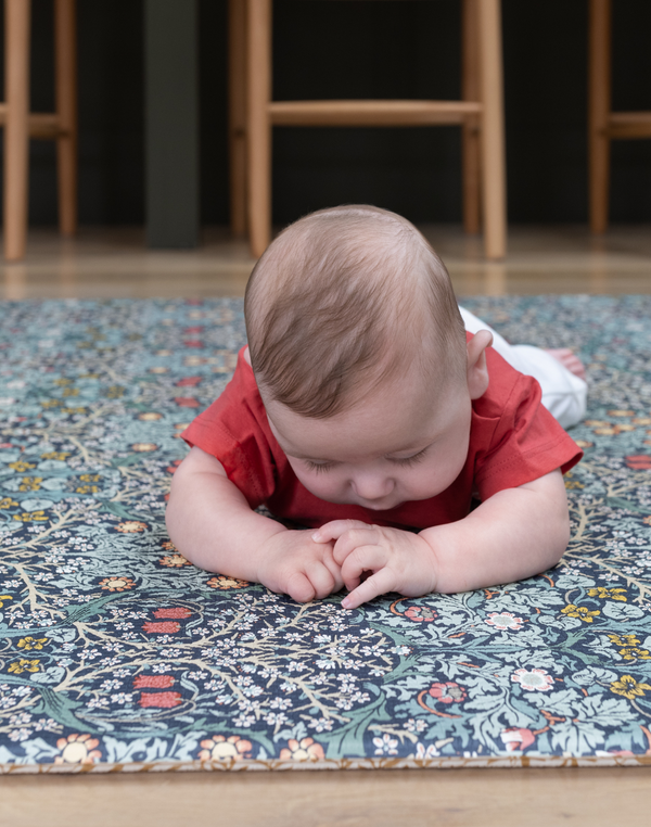 totter and tumble espuma tapete de juego in thick padded memory foam perfect for tummy time for babies, kids and toddlers play rug in beautiful morris & co two-sided designs The Blackthorn + The Standen