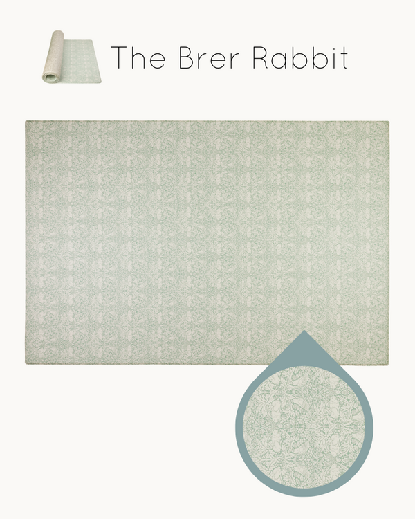 Timeless Morris & Co. Brer Rabbit design on practical and safe Totter + Tumble one piece play mat
