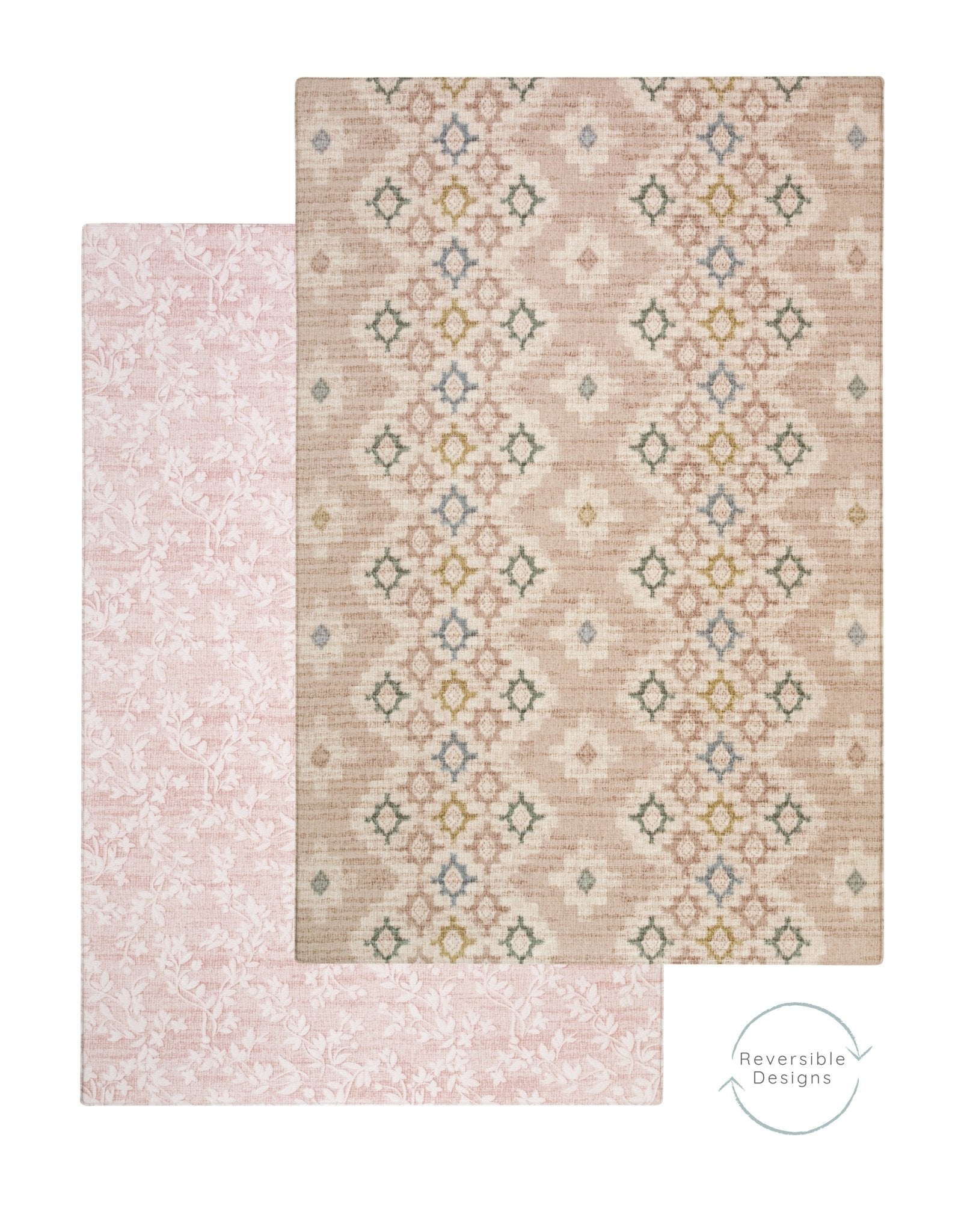 Two pink toned floral patterned rugs with a reversible design on a white background