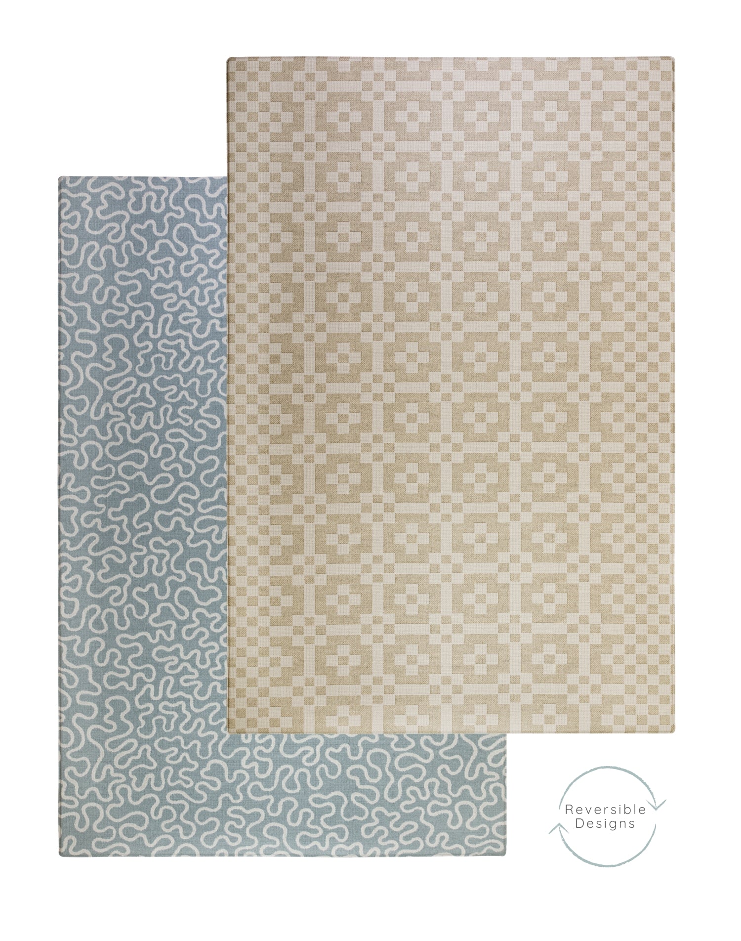 A neutral tone playmat that looks like a large rug for baby nurseries. On the reverse is a soft seagrass blue design.