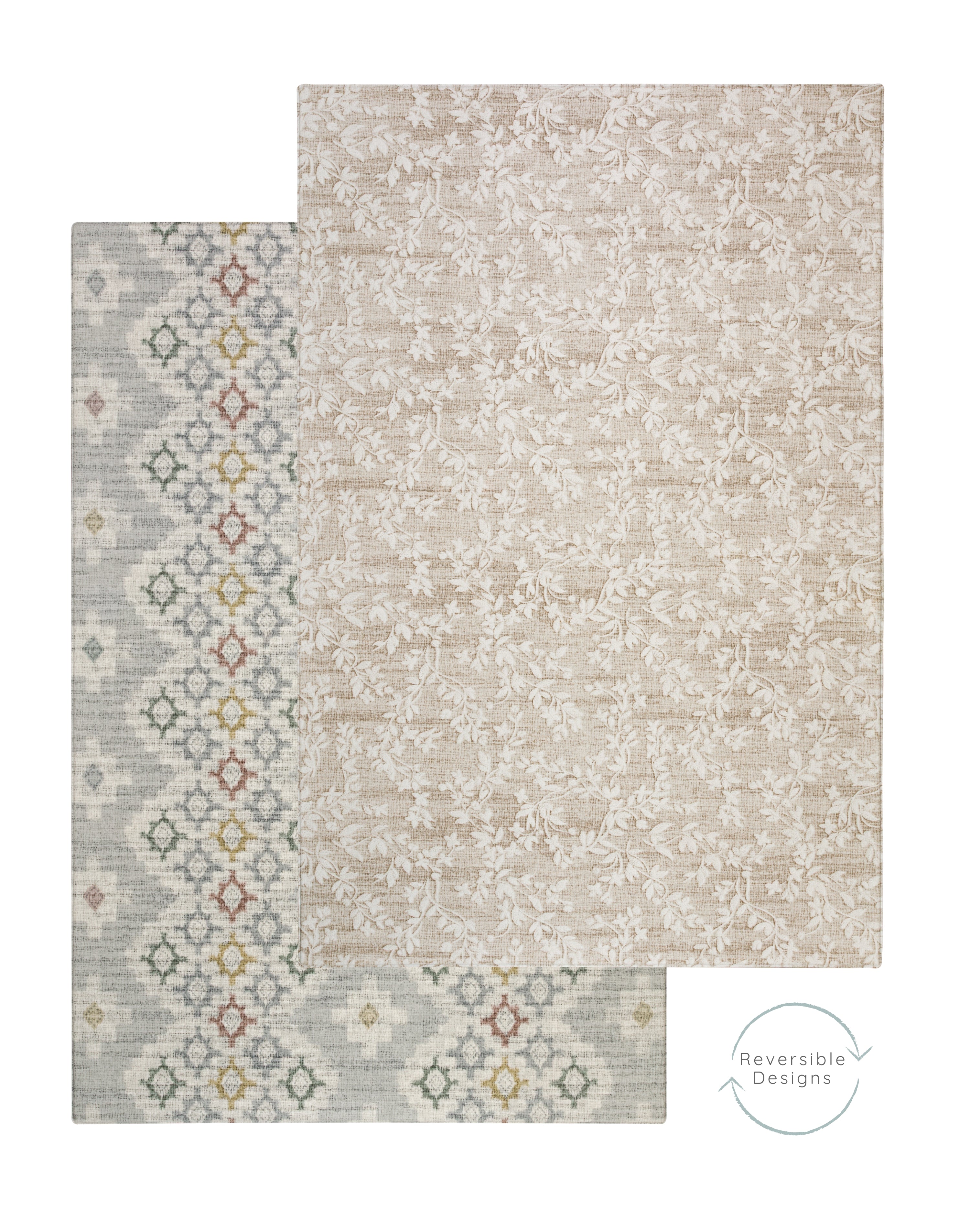 Two rugs with different patterns on a premium reversible play mat