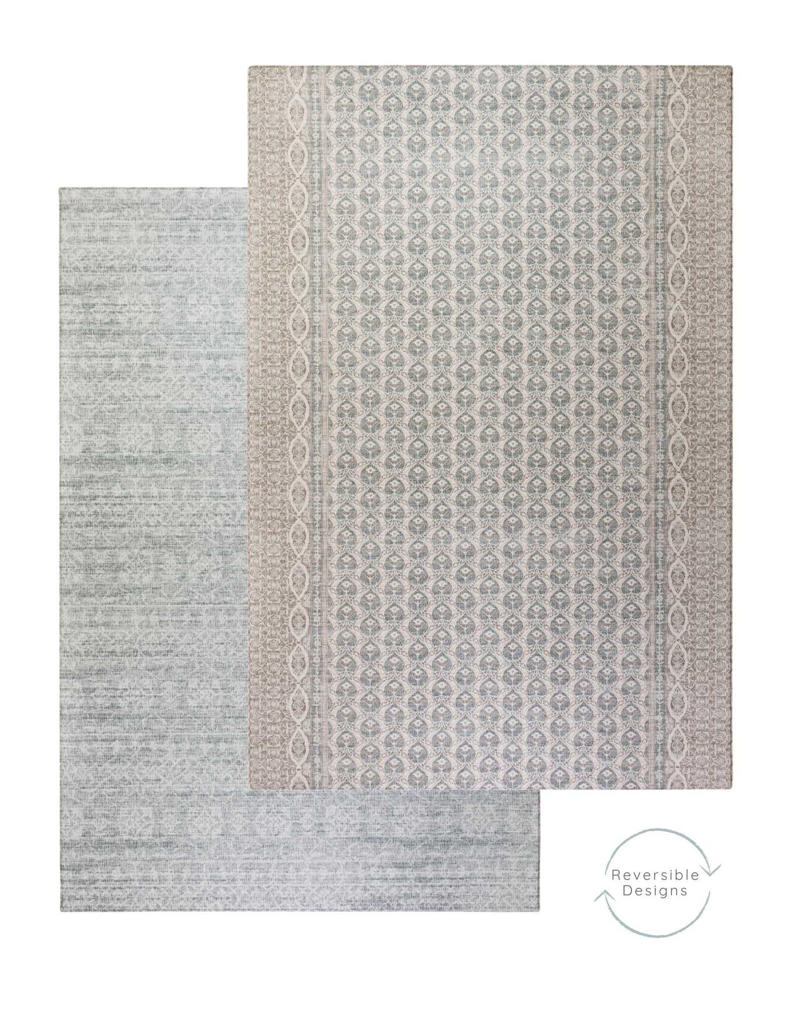 Two soft grey/blue playmats layered showing reversible baby mat design