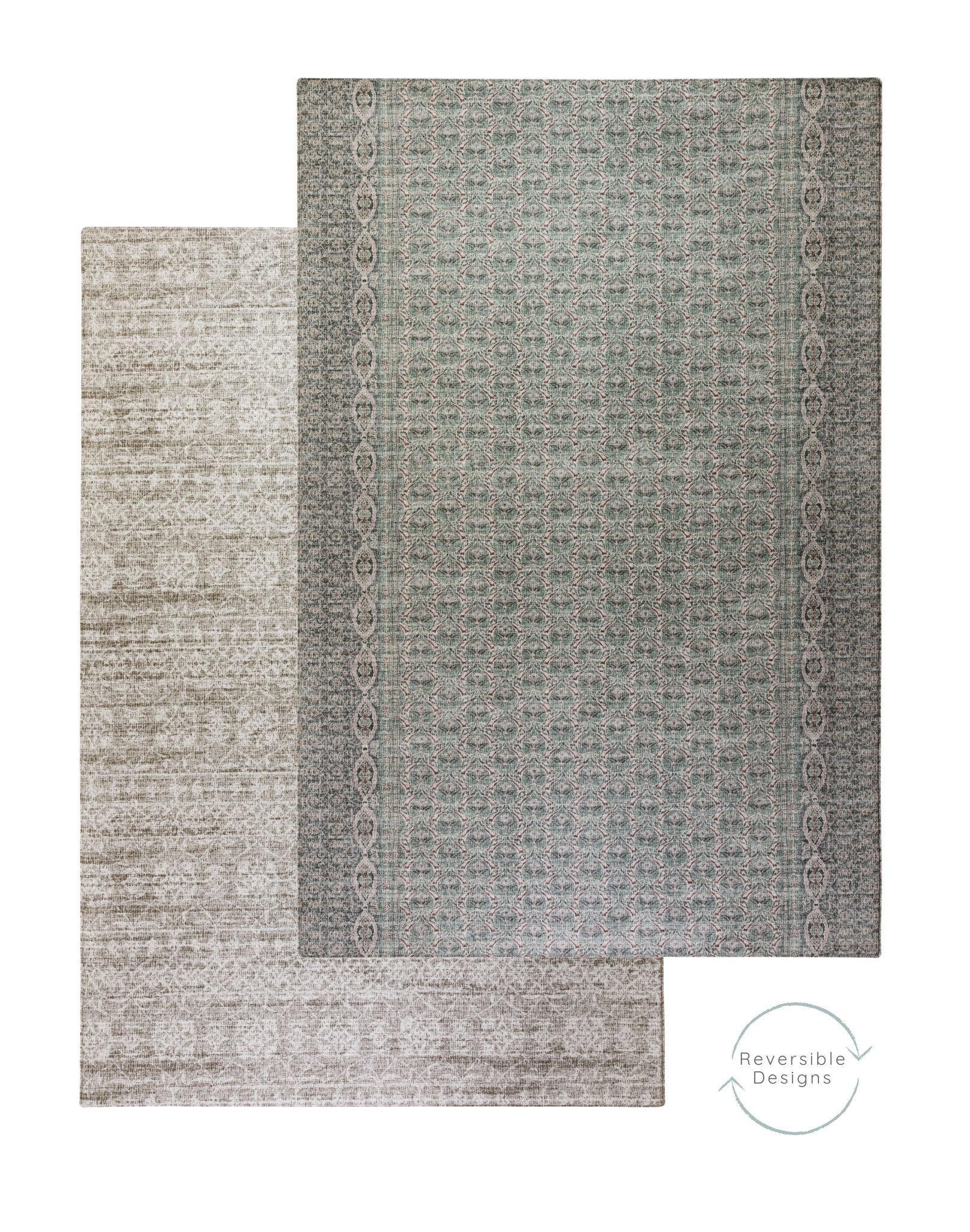 Two textured playmats layered showing reversible baby mat designs that look like Persian rugs