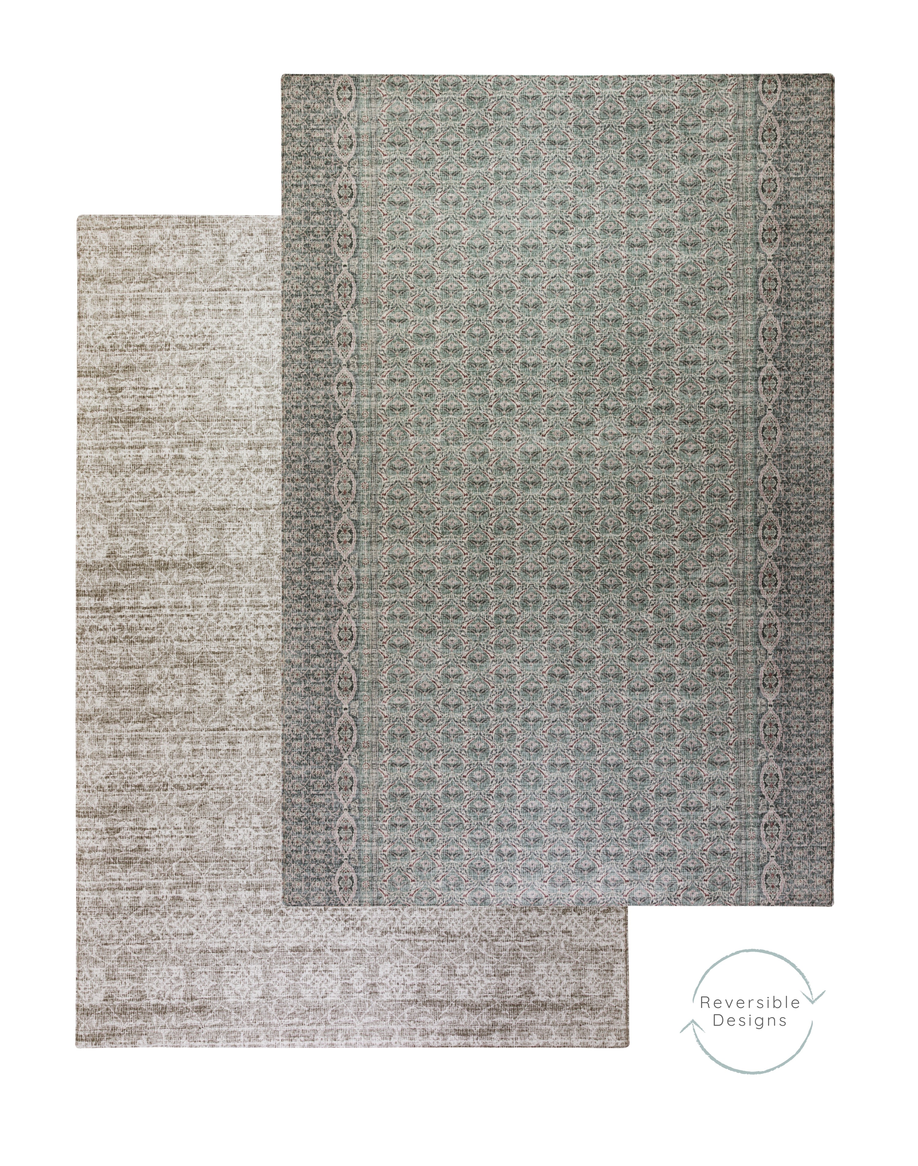 Two textured playmats layered showing reversible baby mat designs that look like Persian rugs