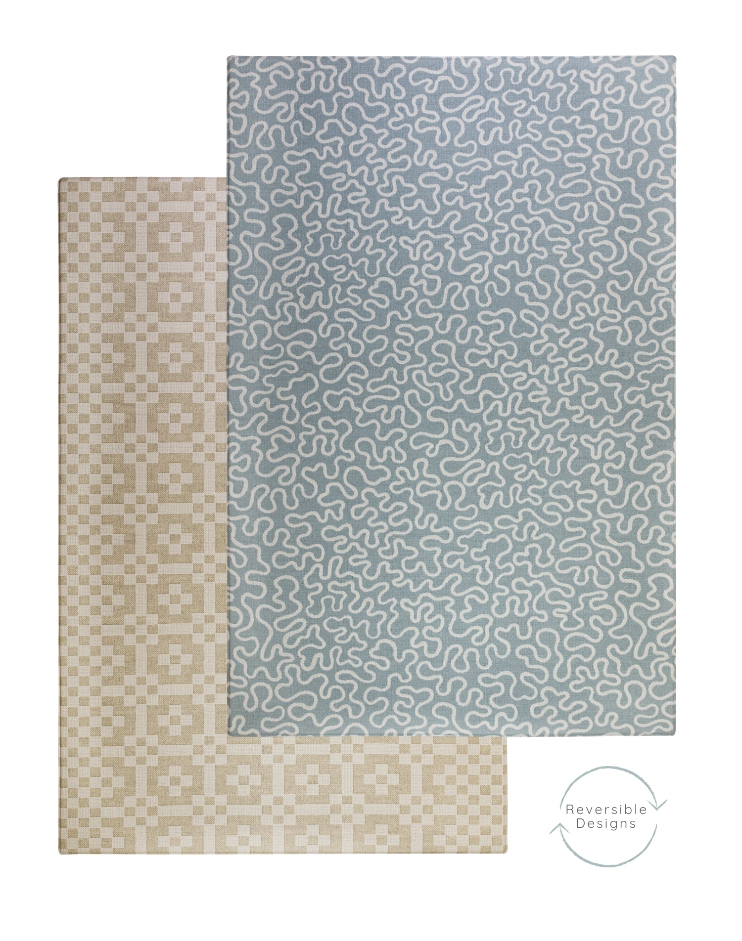 Overhead view of a soft luxurious crawling mat for babies in seagrass blue. On the reverse, a neutral brown geometric design