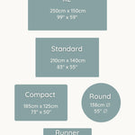 Size chart for different types of rugs with dimensions in centimeters and inches.