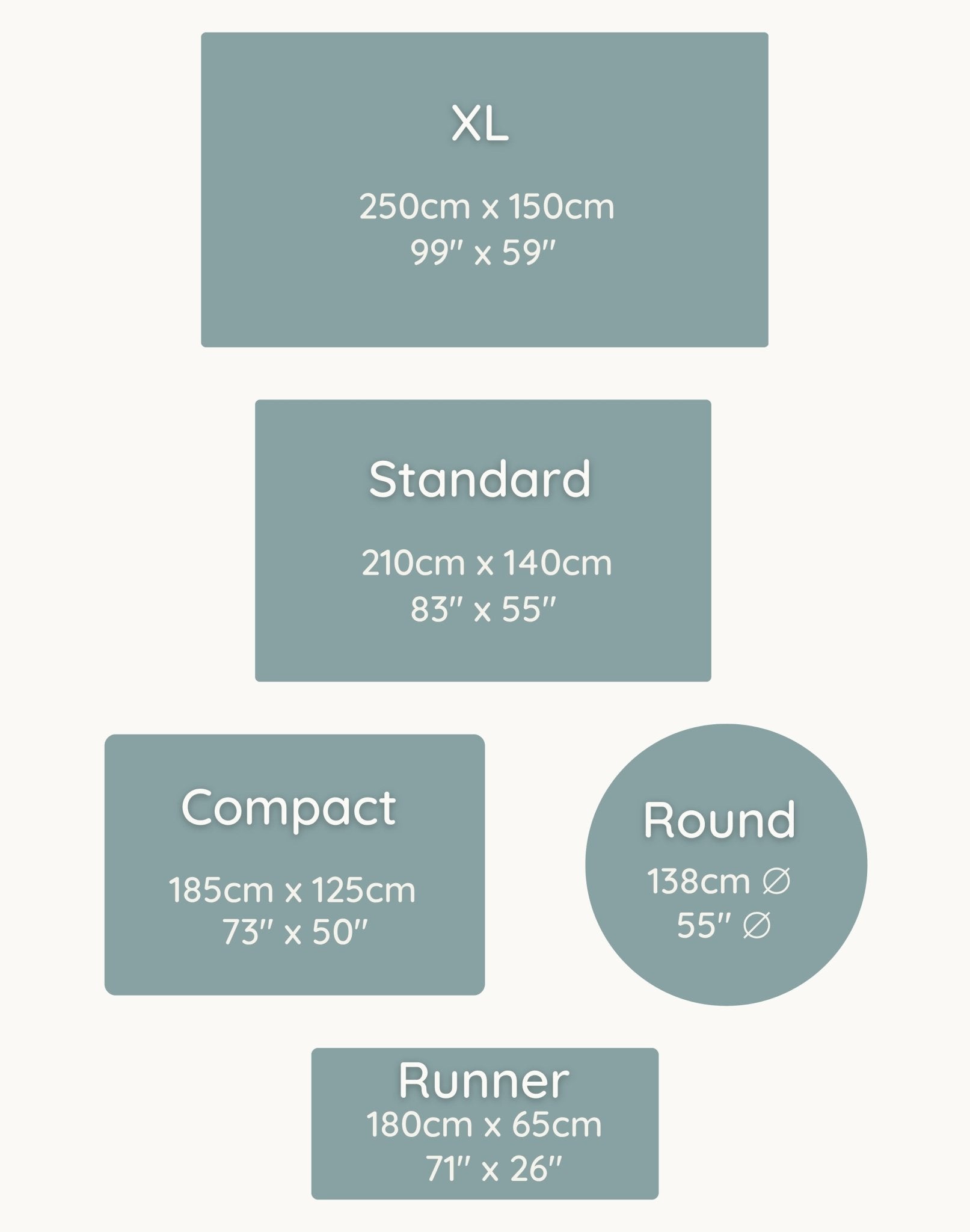 Size chart for different types of rugs with dimensions in centimeters and inches.
