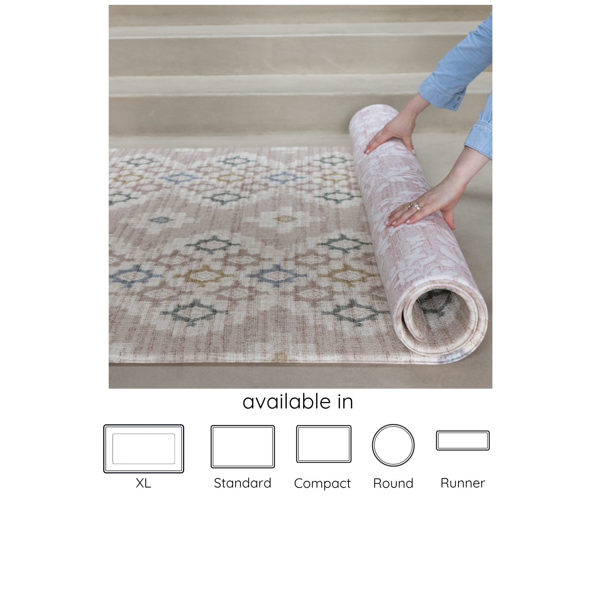 Person unrolling a patterned playmat 'The Fable and The Aster' available in 5 sizes