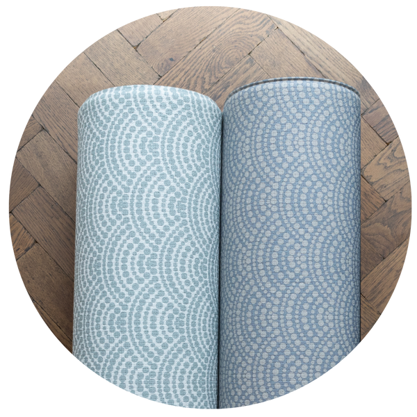 Totter and tumble blue playmats in spotted scallop designs The Mariner and The Seafarer