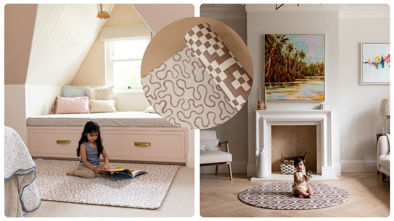 Children play on red and neutral coloured wipeable baby playmats in a family home