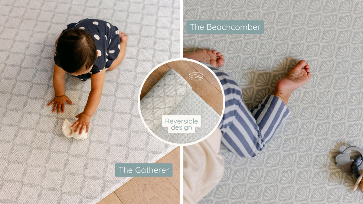 A split-screen comparison of two baby mats: 'The Gatherer' on the left, shown with a baby crawling on a light patterned mat, and 'The Beachcomber' on the right, shown with a baby's feet on a light patterned mat. A circular inset in the center highlights the reversible design of the mats.