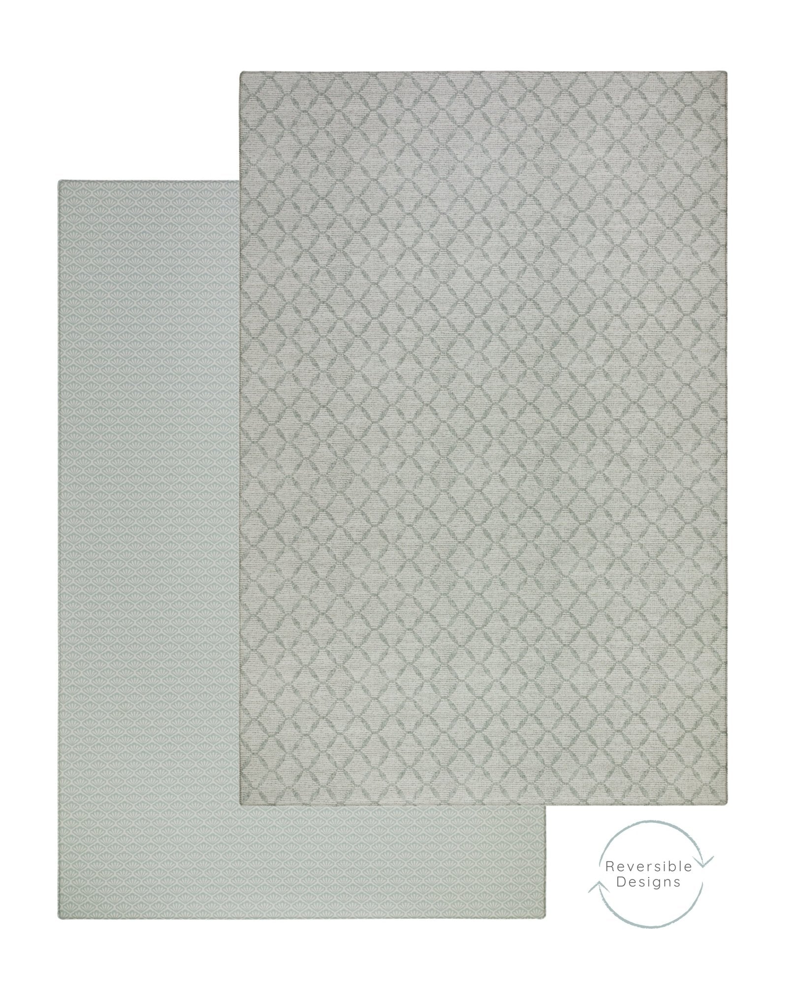 A light reversible playmat with a subtle geometric trellis pattern, shown from both its patterned top side and its textured reverse side with a shell pattern | SKU: 26 BEACH/GATHER XL, 26 BEACH/GATHER STD, 26 BEACH/GATHER COMP