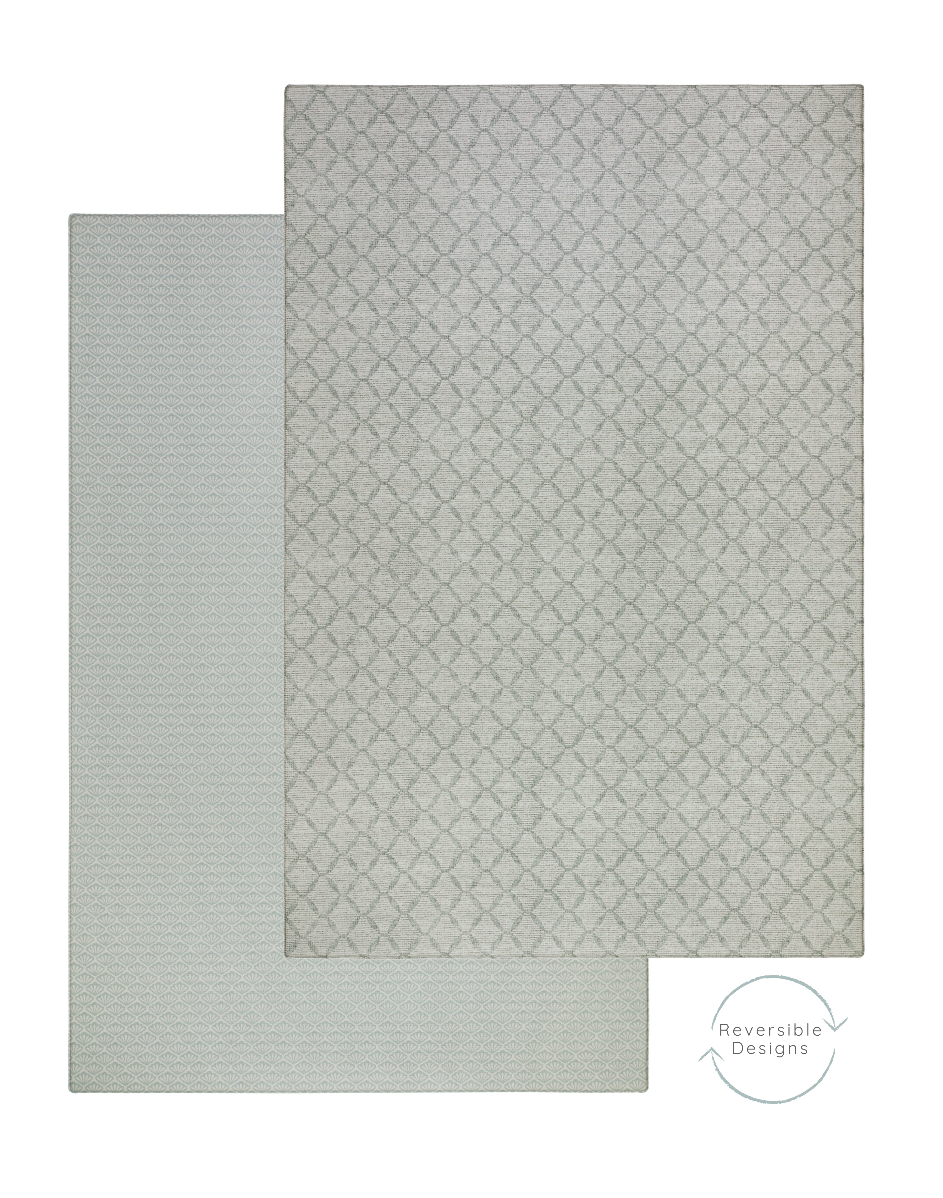 A light reversible playmat with a subtle geometric trellis pattern, shown from both its patterned top side and its textured reverse side with a shell pattern | SKU: 26 BEACH/GATHER XL, 26 BEACH/GATHER STD, 26 BEACH/GATHER COMP