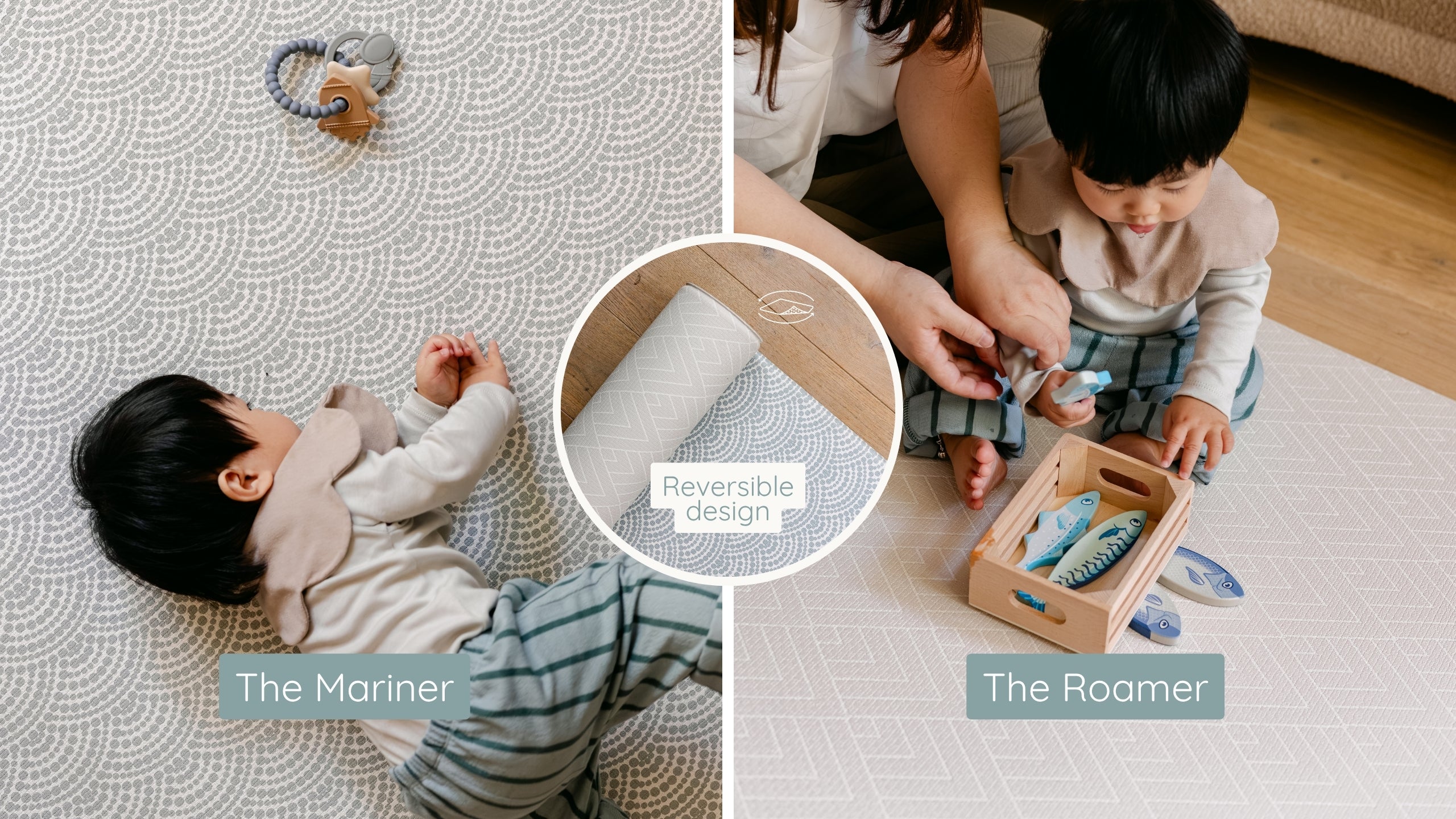 A split-screen lifestyle image showing a baby play mat in two configurations: 'The Mariner' with a baby lying on it, and 'The Roamer' with an adult and child playing on it. A circular inset highlights the reversible design of the mat.