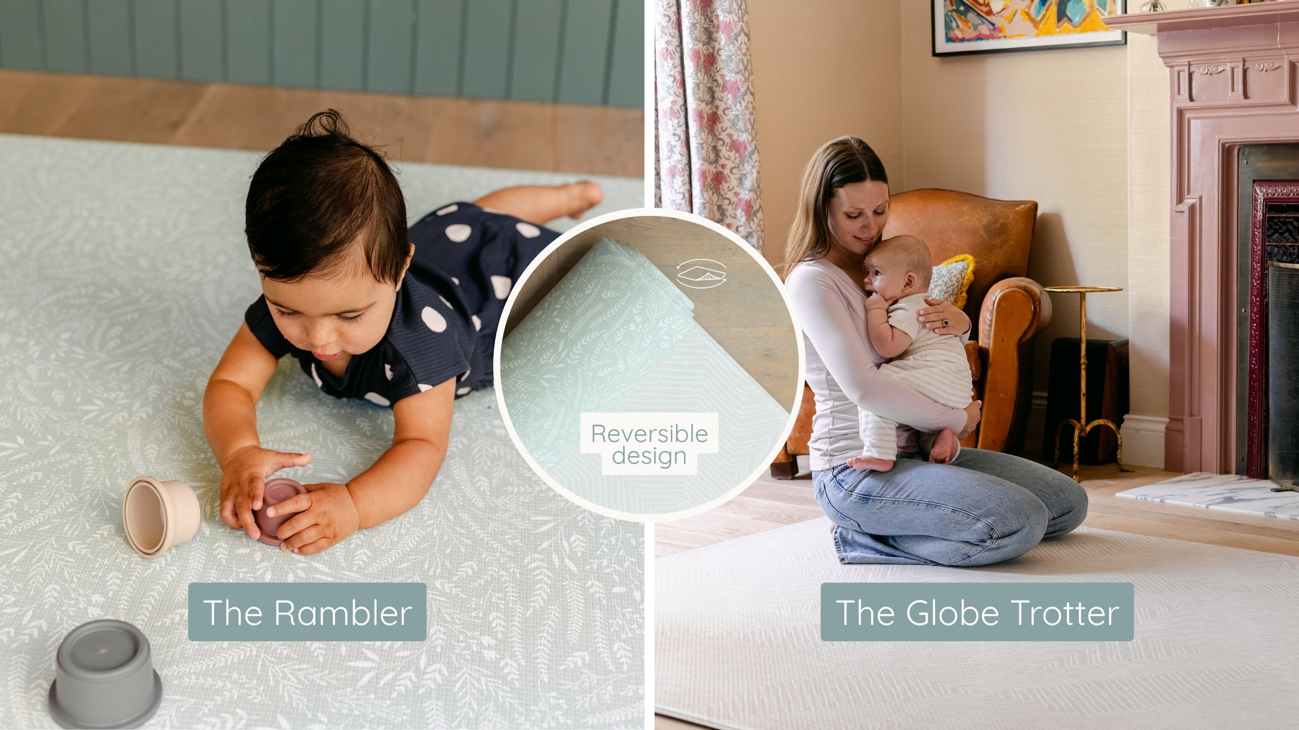 A split-screen lifestyle image showing babies and a woman using two soft baby play mats. The left panel shows a baby lying on a pale green reversible mat labeled 'The Rambler' with a circular inset highlighting the reversible fabric.