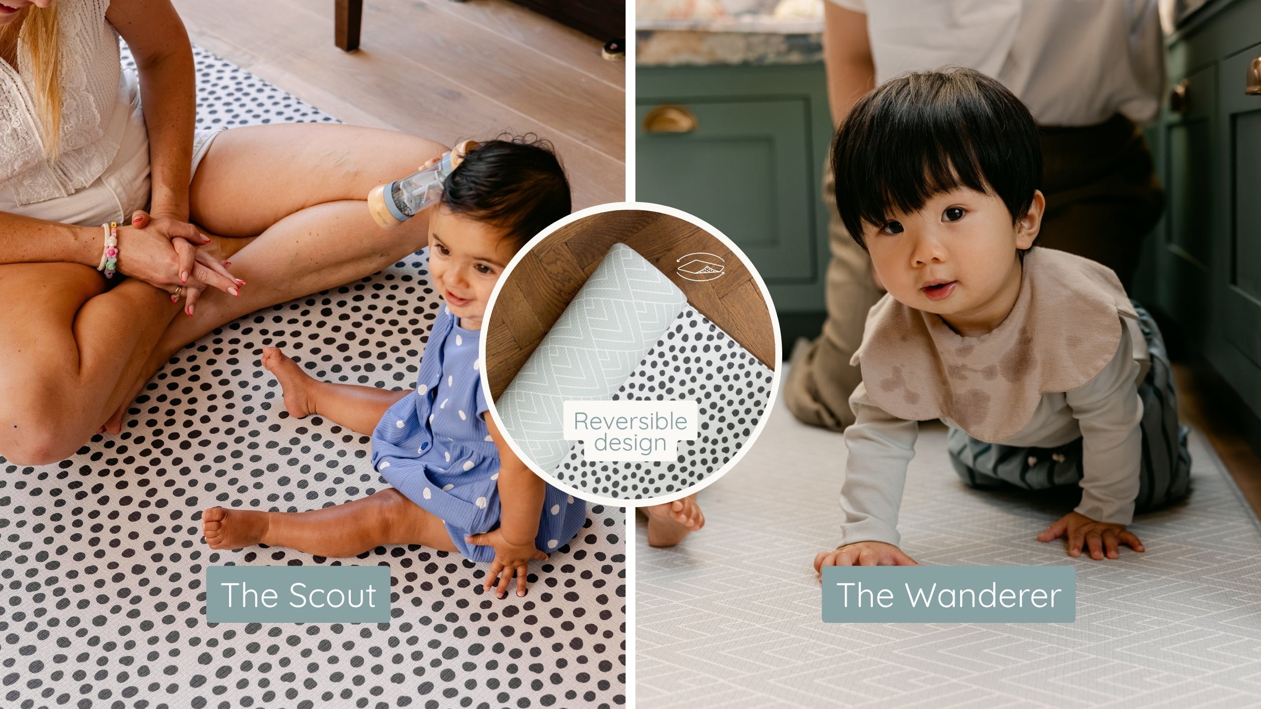 A split-screen lifestyle collage showing two children using patterned play mats in a home setting, with an inset circle highlighting the reversible design of the mat. The left panel shows a woman sitting on a black-and-white patterned mat with a child in a blue polka-dot outfit.