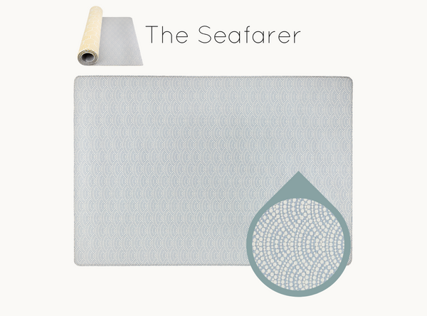 Vintage effect iron blue scallop design across one-piece wipe down Totter + Tumble play mat 