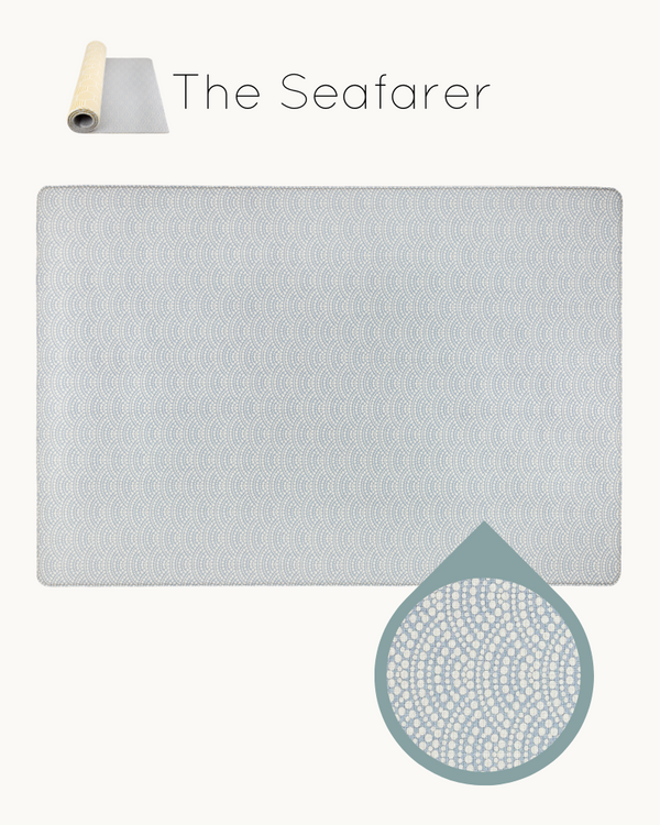 Vintage effect iron blue scallop design across one-piece wipe down Totter + Tumble play mat 