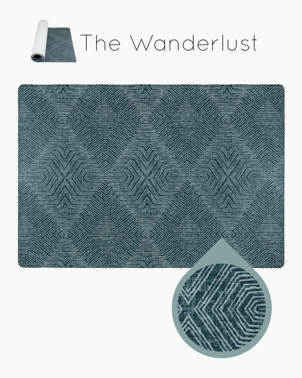 Stylish Kilim effect design on dark teal blue playmat one piece for ease and practicality ideal play mat for the whole family