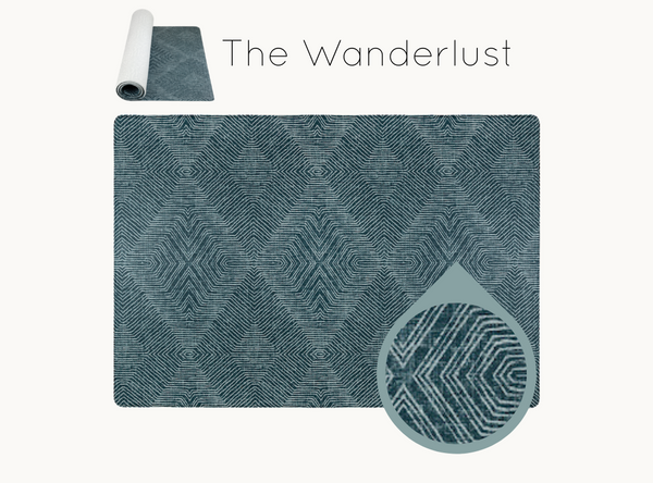 Stylish Kilim effect design on dark teal blue playmat one piece for ease and practicality ideal play mat for the whole family